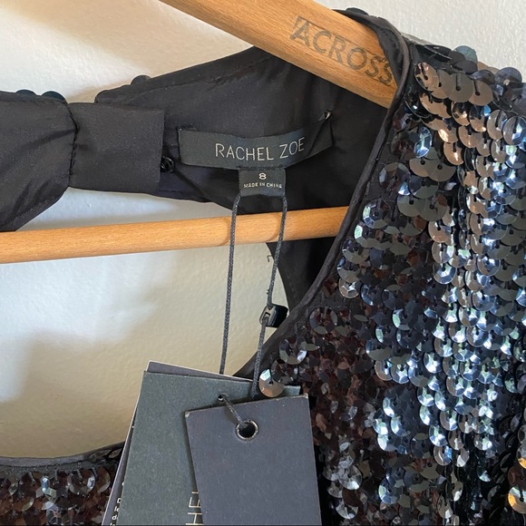 Rachel Zoe Long Sleeve Black Sequined Mini Dress Open Back $450 Retail Size 8 - Picture 9 of 12